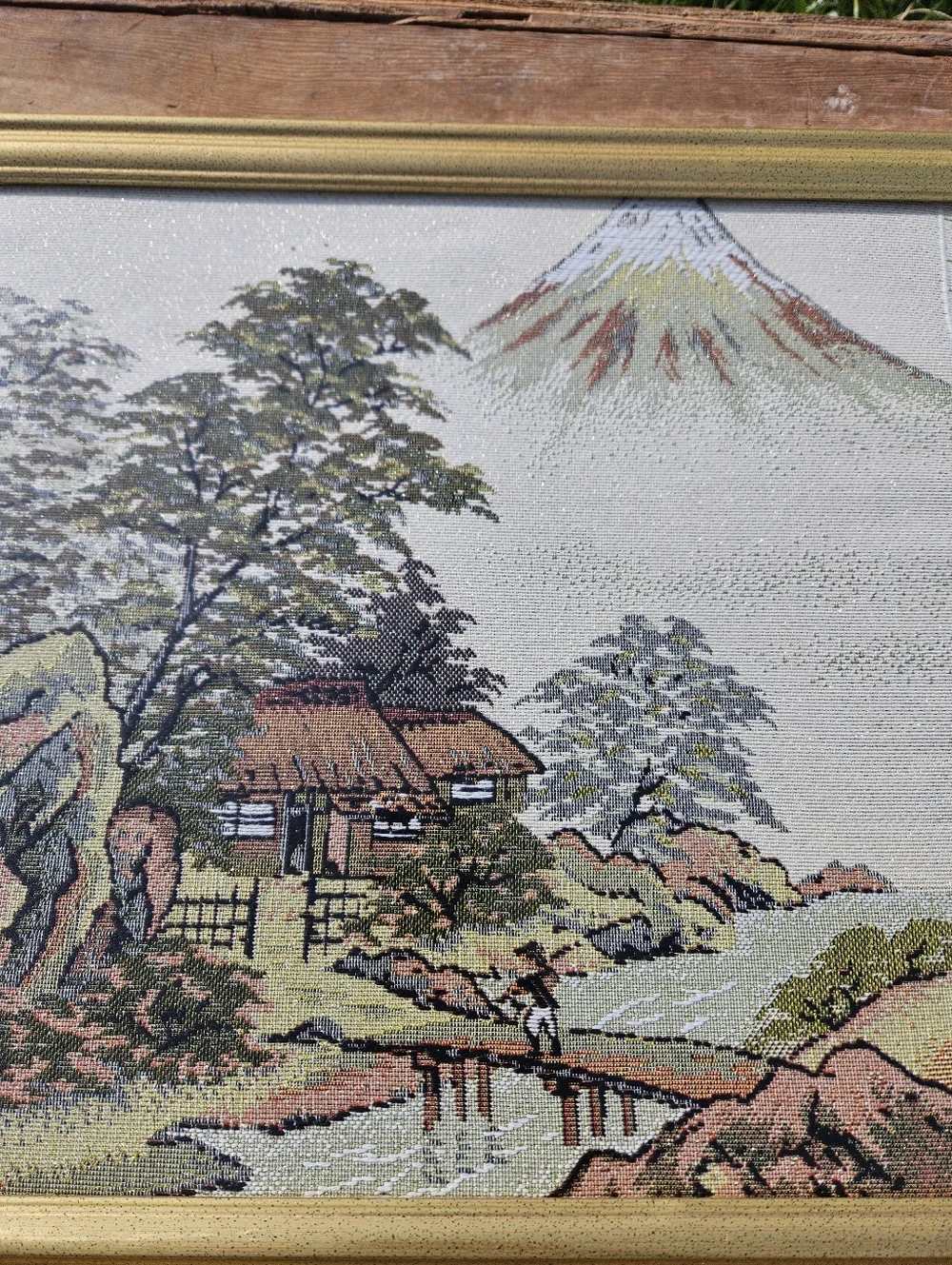 VINTAGE Japanese Tapestry Mt Fuji Landscape Framed Woven Art Garden Scene Japan